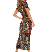 Vintage Hawaiian Quilting Patterns Family Matching Short Sleeve Bodycon Dress and Hawaiian Shirt Brown Style Tribal Fabric Patchwork - Polynesian Pride