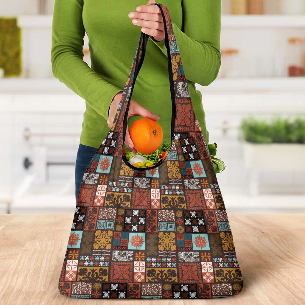 Vintage Hawaiian Quilting Patterns Grocery Bag Brown Style Tribal Fabric Patchwork - Polynesian Pride