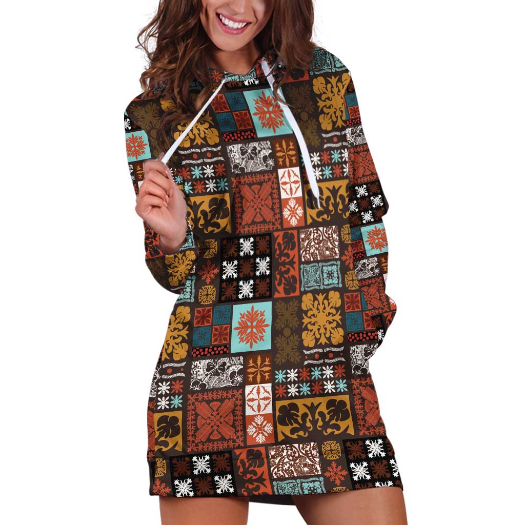 Vintage Hawaiian Quilting Patterns Hoodie Dress Brown Style Tribal Fabric Patchwork LT9 Brown - Polynesian Pride