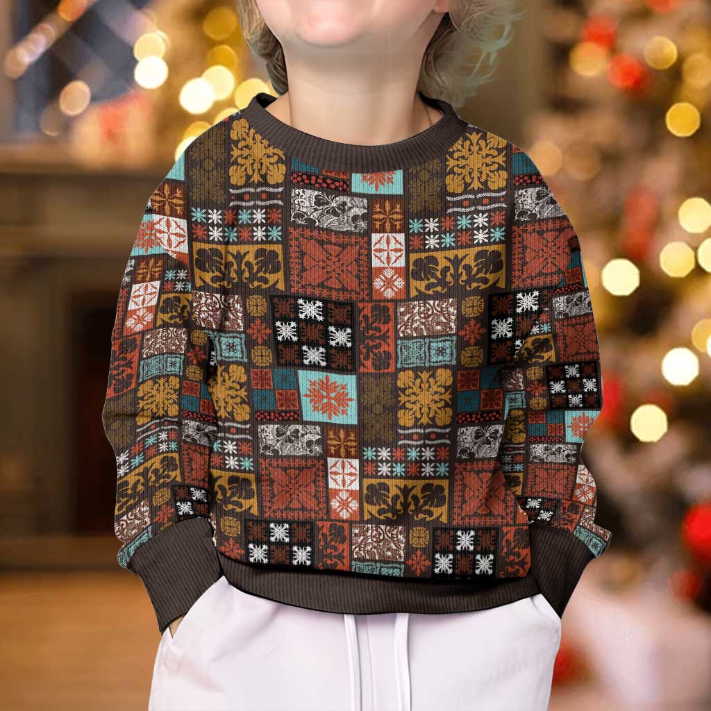 Vintage Hawaiian Quilting Patterns Kid Ugly Christmas Sweater Brown Style Tribal Fabric Patchwork - Polynesian Pride