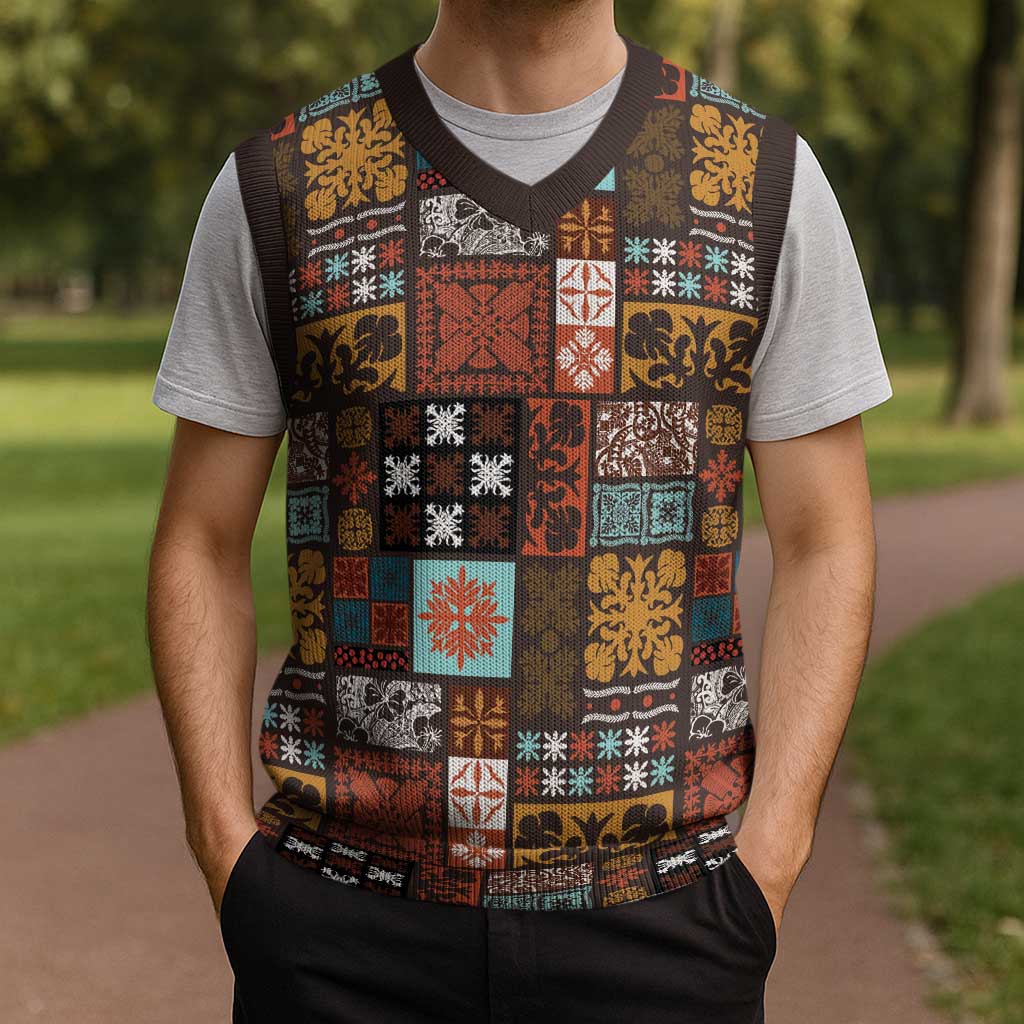 Vintage Hawaiian Quilting Patterns Christmas Knitted V-Neck Vest Brown Style Tribal Fabric Patchwork - Polynesian Pride