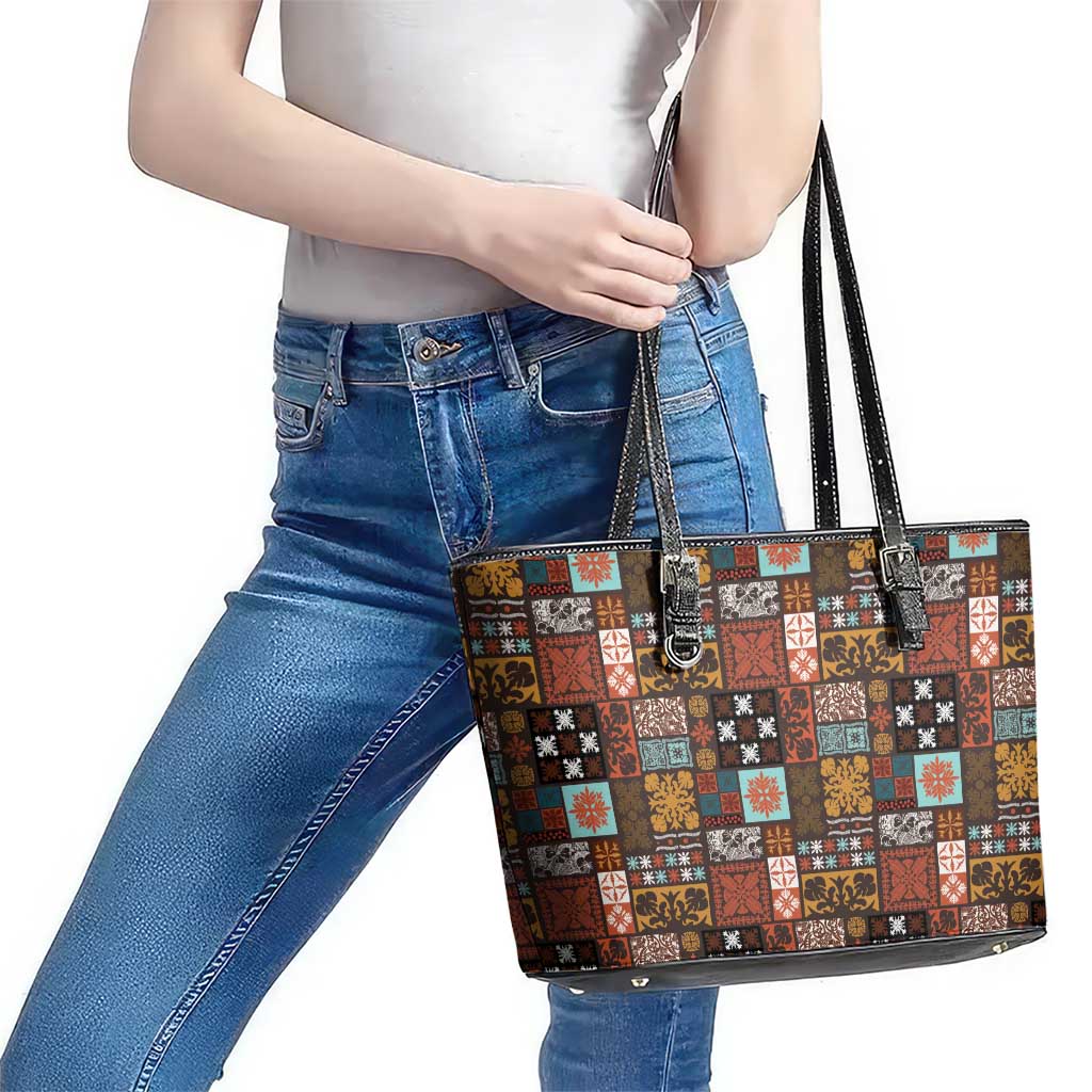 Vintage Hawaiian Quilting Patterns Leather Tote Bag Brown Style Tribal Fabric Patchwork - Polynesian Pride