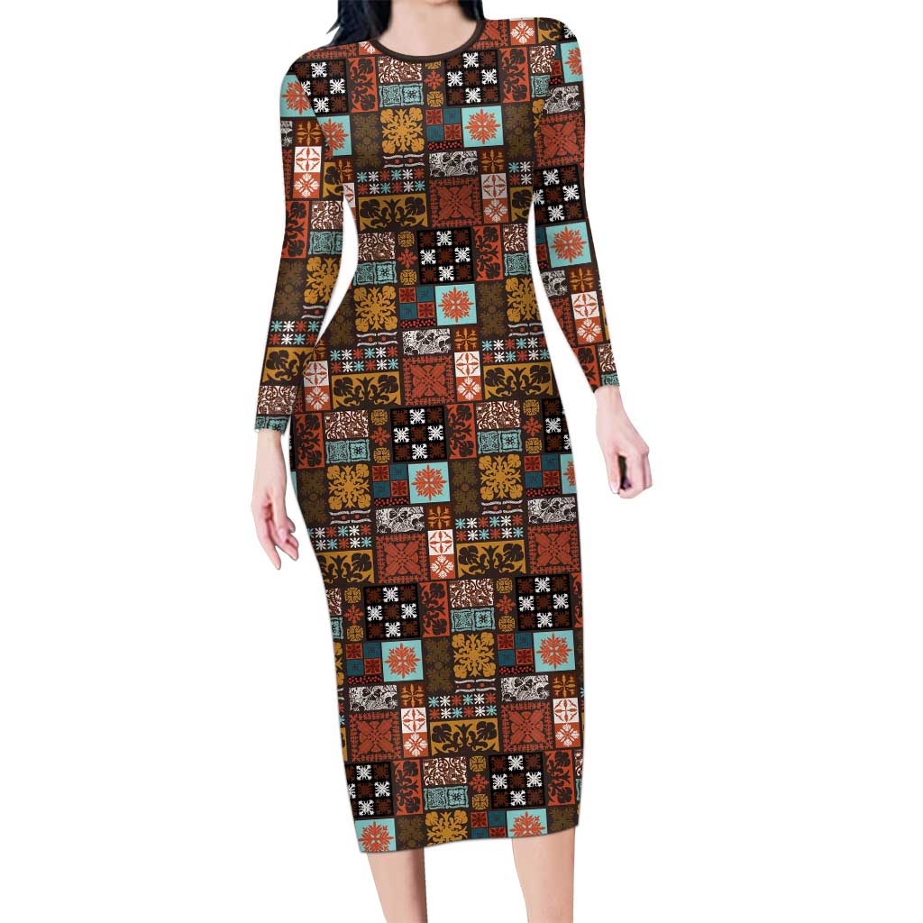 Vintage Hawaiian Quilting Patterns Long Sleeve Bodycon Dress Brown Style Tribal Fabric Patchwork - Polynesian Pride