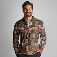 Vintage Hawaiian Quilting Patterns Long Sleeve Polo Shirt Brown Style Tribal Fabric Patchwork - Polynesian Pride