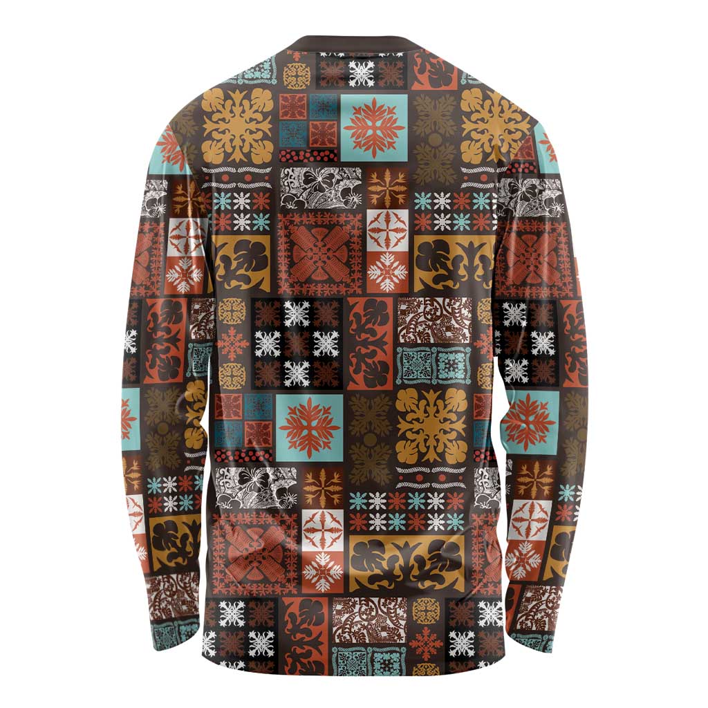 Vintage Hawaiian Quilting Patterns Long Sleeve Shirt Brown Style Tribal Fabric Patchwork - Polynesian Pride