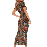 Vintage Hawaiian Quilting Patterns Short Sleeve Bodycon Dress Brown Style Tribal Fabric Patchwork - Polynesian Pride