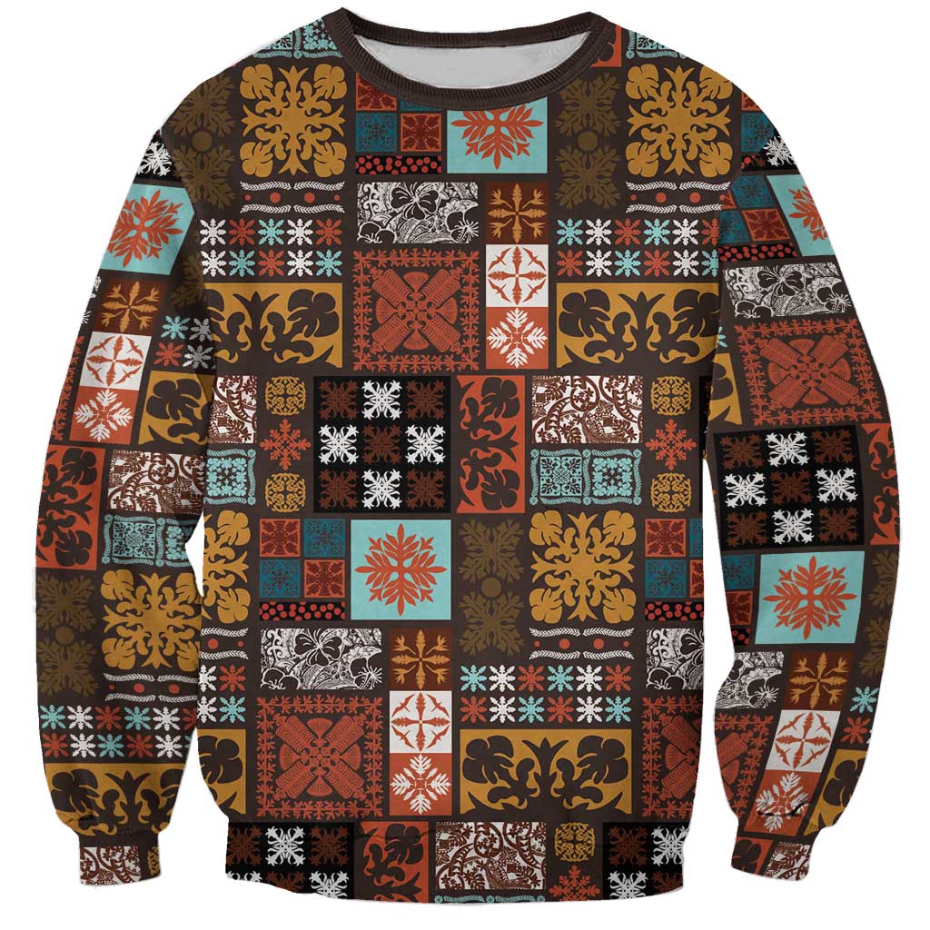 Vintage Hawaiian Quilting Patterns Sweatshirt Brown Style Tribal Fabric Patchwork - Polynesian Pride