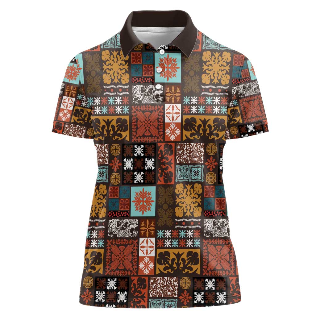 Vintage Hawaiian Quilting Patterns Women Polo Shirt Brown Style Tribal Fabric Patchwork - Polynesian Pride