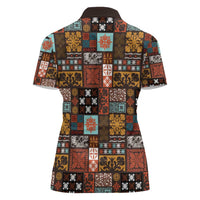 Vintage Hawaiian Quilting Patterns Women Polo Shirt Brown Style Tribal Fabric Patchwork - Polynesian Pride
