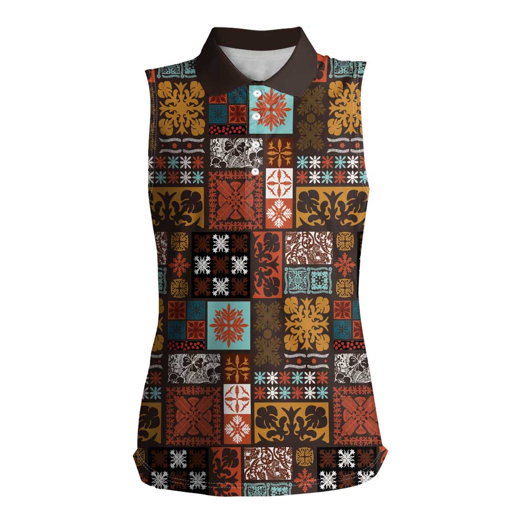 Vintage Hawaiian Quilting Patterns Women Sleeveless Polo Shirt Brown Style Tribal Fabric Patchwork - Polynesian Pride