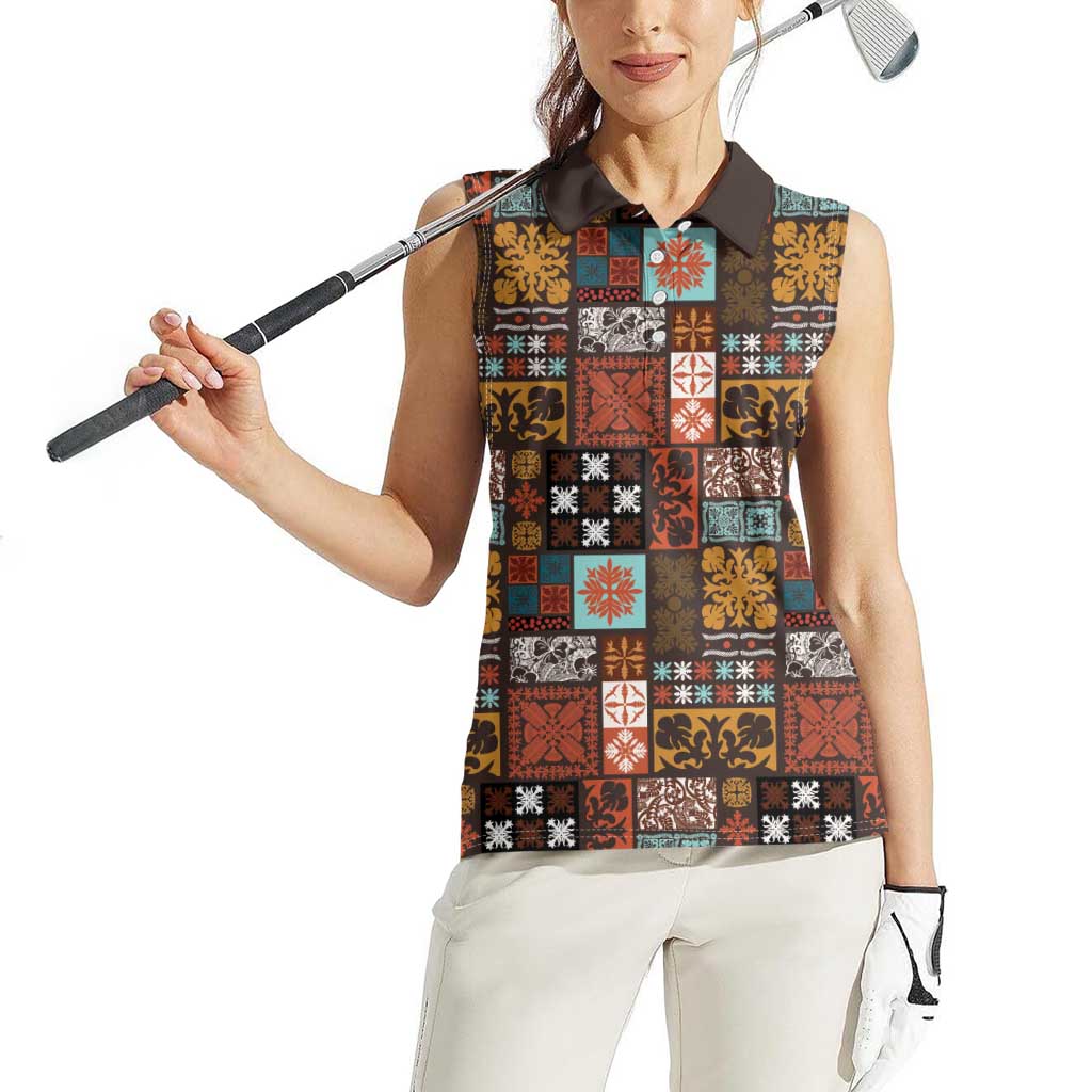 Vintage Hawaiian Quilting Patterns Women Sleeveless Polo Shirt Brown Style Tribal Fabric Patchwork - Polynesian Pride