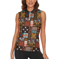 Vintage Hawaiian Quilting Patterns Women Sleeveless Polo Shirt Brown Style Tribal Fabric Patchwork - Polynesian Pride