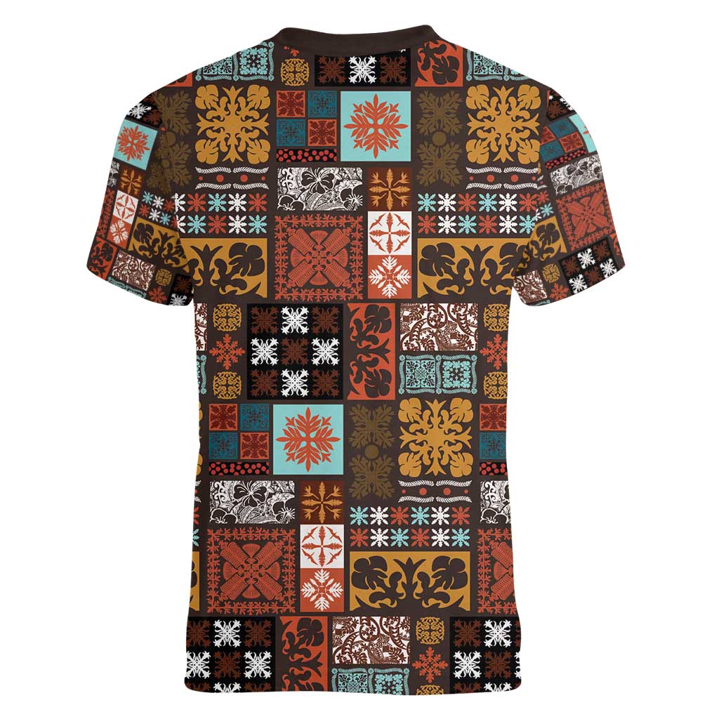 Vintage Hawaiian Quilting Patterns Women V-Neck T-Shirt Brown Style Tribal Fabric Patchwork - Polynesian Pride