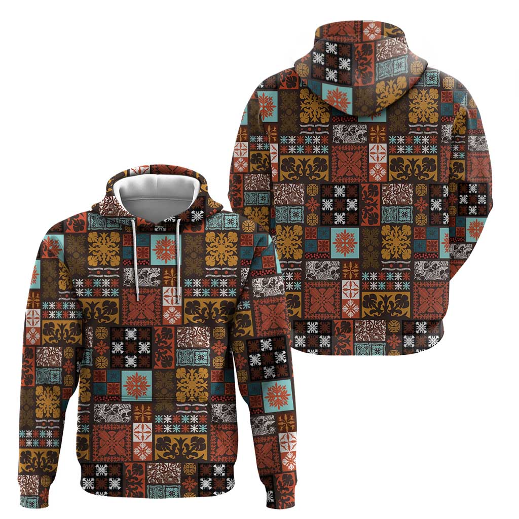 Vintage Hawaiian Quilting Patterns Zip Hoodie Brown Style Tribal Fabric Patchwork - Polynesian Pride