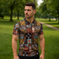 Vintage Hawaiian Quilting Patterns Zipper Polo Shirt Brown Style Tribal Fabric Patchwork - Polynesian Pride