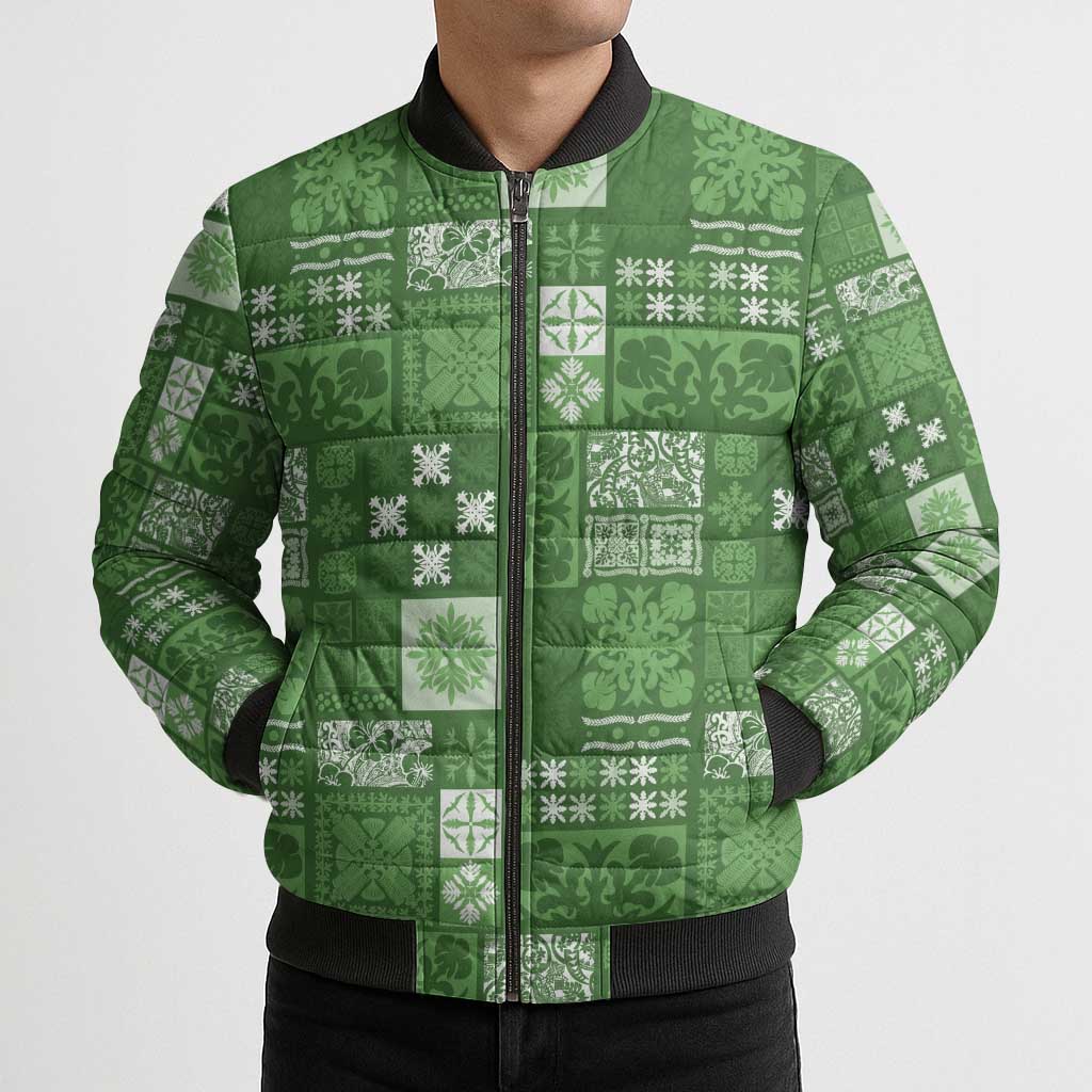 Vintage Hawaiian Quilting Patterns Bomber Puffer Jacket Green Style Tribal Fabric Patchwork - Polynesian Pride
