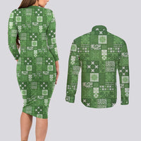 Vintage Hawaiian Quilting Patterns Couples Matching Long Sleeve Bodycon Dress and Long Sleeve Button Shirt Green Style Tribal Fabric Patchwork - Polynesian Pride