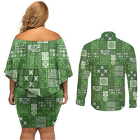 Vintage Hawaiian Quilting Patterns Couples Matching Off Shoulder Short Dress and Long Sleeve Button Shirt Green Style Tribal Fabric Patchwork - Polynesian Pride