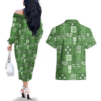 Vintage Hawaiian Quilting Patterns Couples Matching Off The Shoulder Long Sleeve Dress and Hawaiian Shirt Green Style Tribal Fabric Patchwork - Polynesian Pride
