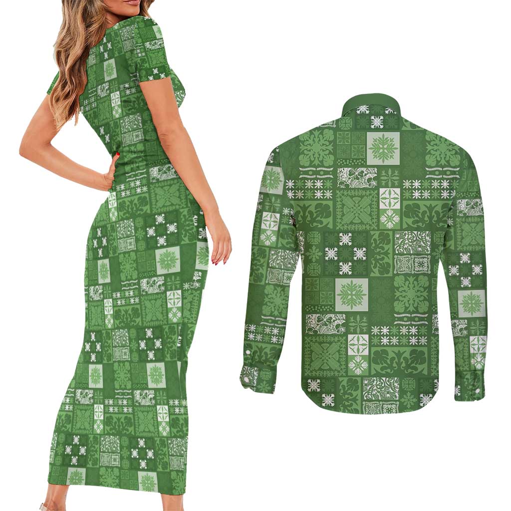 Vintage Hawaiian Quilting Patterns Couples Matching Short Sleeve Bodycon Dress and Long Sleeve Button Shirt Green Style Tribal Fabric Patchwork - Polynesian Pride