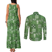 Vintage Hawaiian Quilting Patterns Couples Matching Tank Maxi Dress and Long Sleeve Button Shirt Green Style Tribal Fabric Patchwork - Polynesian Pride