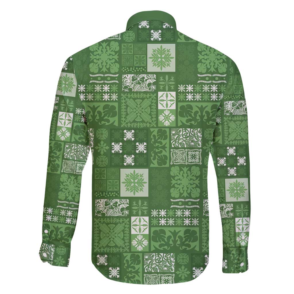 Vintage Hawaiian Quilting Patterns Family Matching Long Sleeve Bodycon Dress and Hawaiian Shirt Green Style Tribal Fabric Patchwork - Polynesian Pride