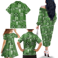 Vintage Hawaiian Quilting Patterns Family Matching Off The Shoulder Long Sleeve Dress and Hawaiian Shirt Green Style Tribal Fabric Patchwork - Polynesian Pride