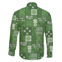 Vintage Hawaiian Quilting Patterns Family Matching Off The Shoulder Long Sleeve Dress and Hawaiian Shirt Green Style Tribal Fabric Patchwork - Polynesian Pride