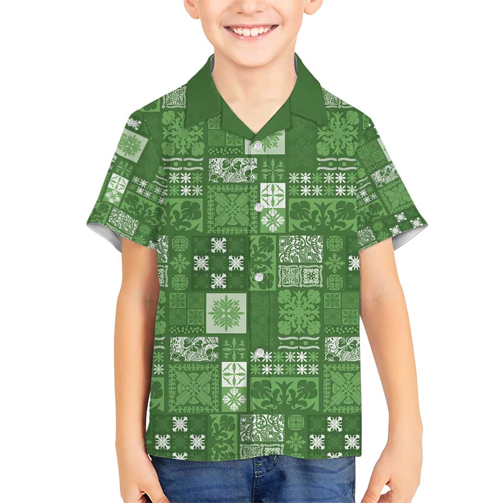 Vintage Hawaiian Quilting Patterns Family Matching Short Sleeve Bodycon Dress and Hawaiian Shirt Green Style Tribal Fabric Patchwork - Polynesian Pride