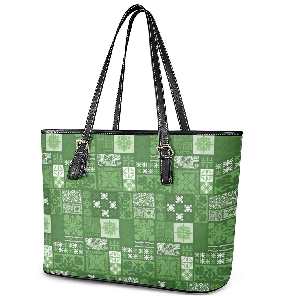 Vintage Hawaiian Quilting Patterns Leather Tote Bag Green Style Tribal Fabric Patchwork - Polynesian Pride