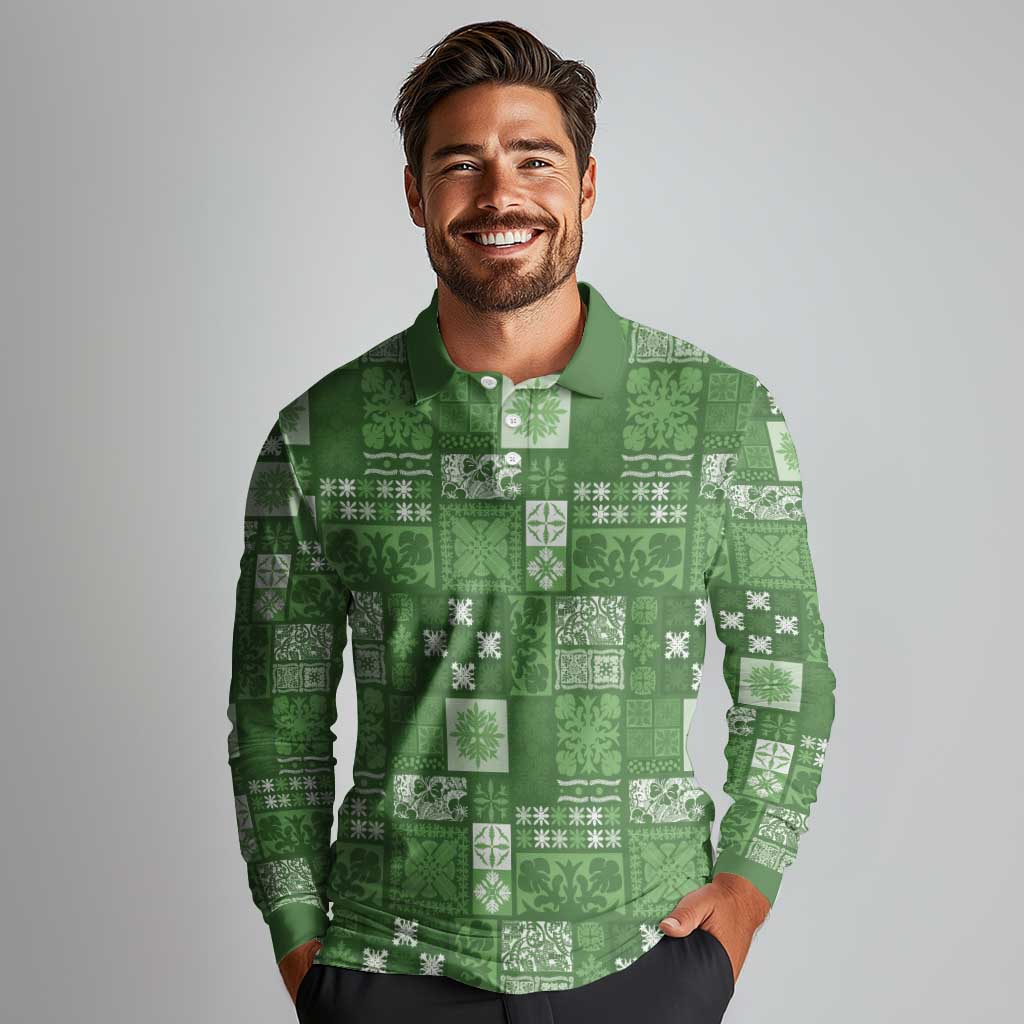 Vintage Hawaiian Quilting Patterns Long Sleeve Polo Shirt Green Style Tribal Fabric Patchwork - Polynesian Pride