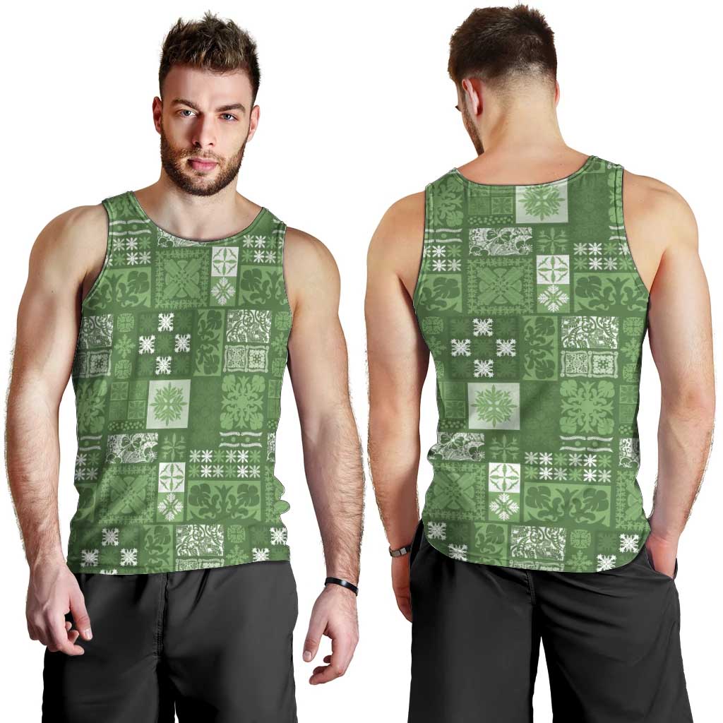 Vintage Hawaiian Quilting Patterns Men Tank Top Green Style Tribal Fabric Patchwork - Polynesian Pride