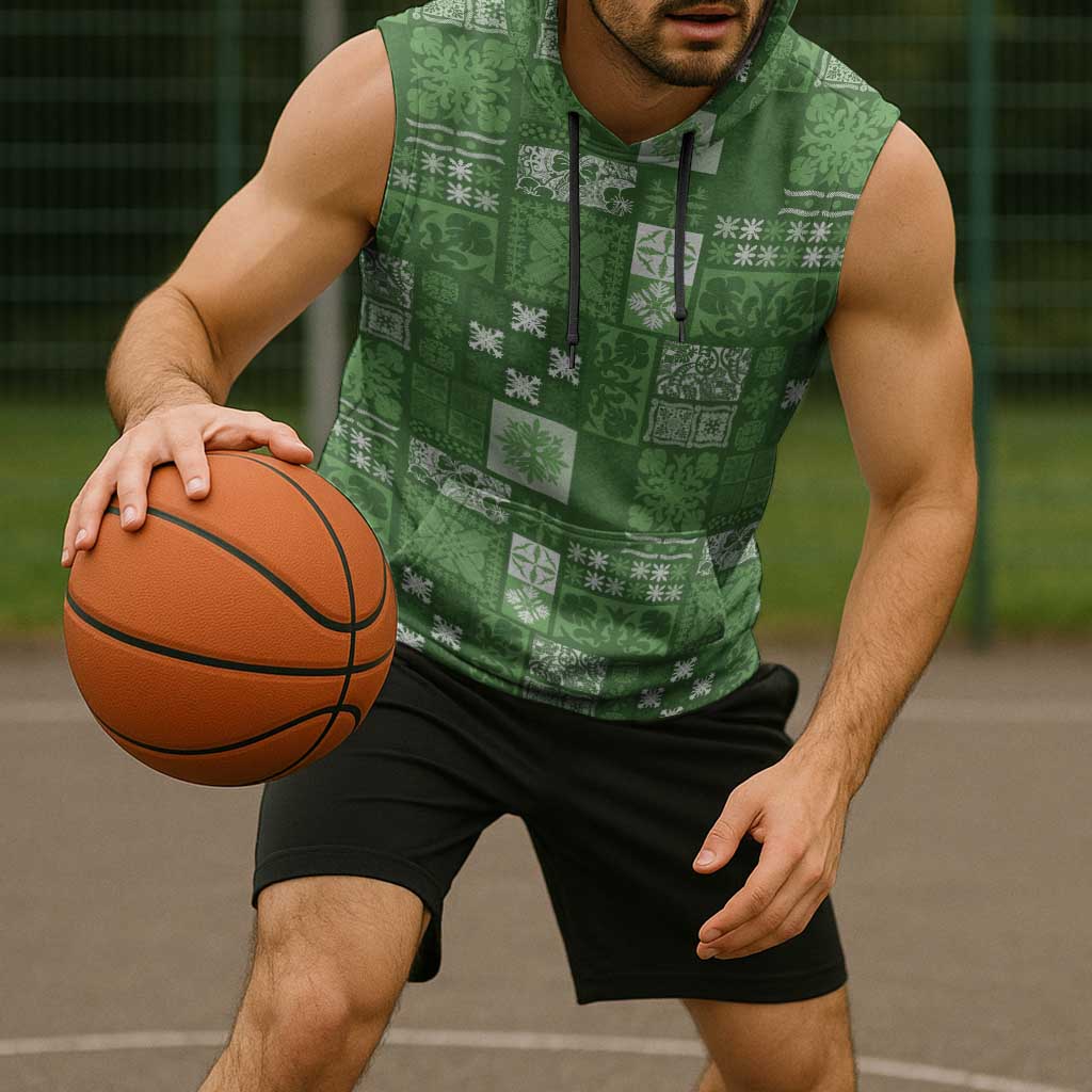 Vintage Hawaiian Quilting Patterns Sleeveless Hoodie Green Style Tribal Fabric Patchwork - Polynesian Pride