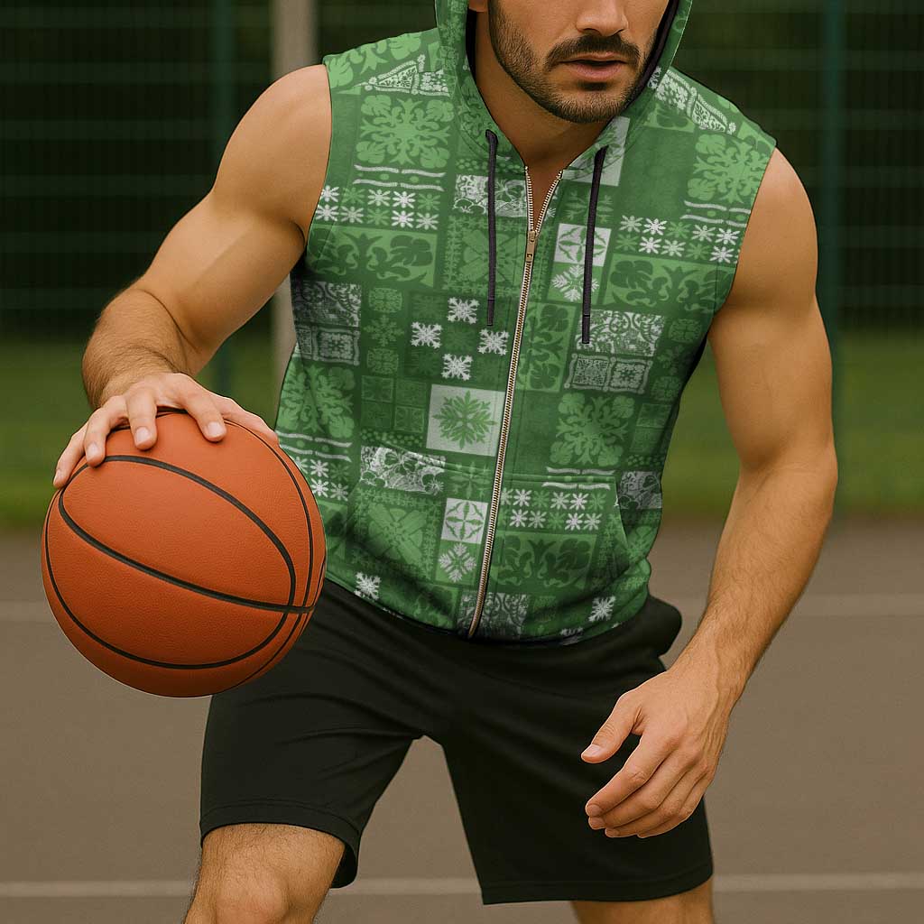 Vintage Hawaiian Quilting Patterns Sleeveless Zip Hoodie Green Style Tribal Fabric Patchwork - Polynesian Pride