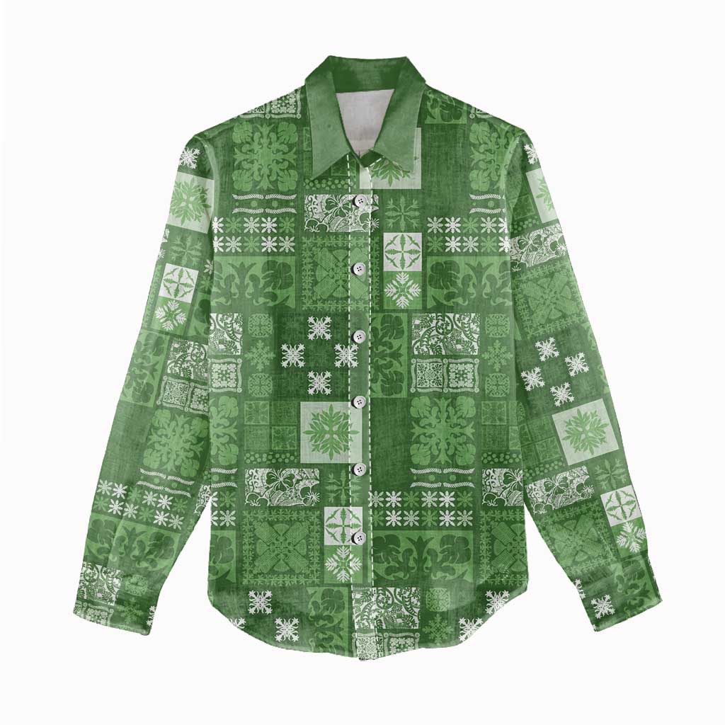 Vintage Hawaiian Quilting Patterns Women Casual Shirt Green Style Tribal Fabric Patchwork - Polynesian Pride