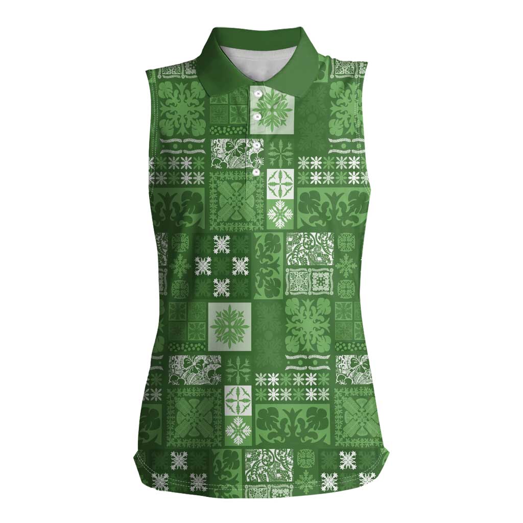 Vintage Hawaiian Quilting Patterns Women Sleeveless Polo Shirt Green Style Tribal Fabric Patchwork - Polynesian Pride