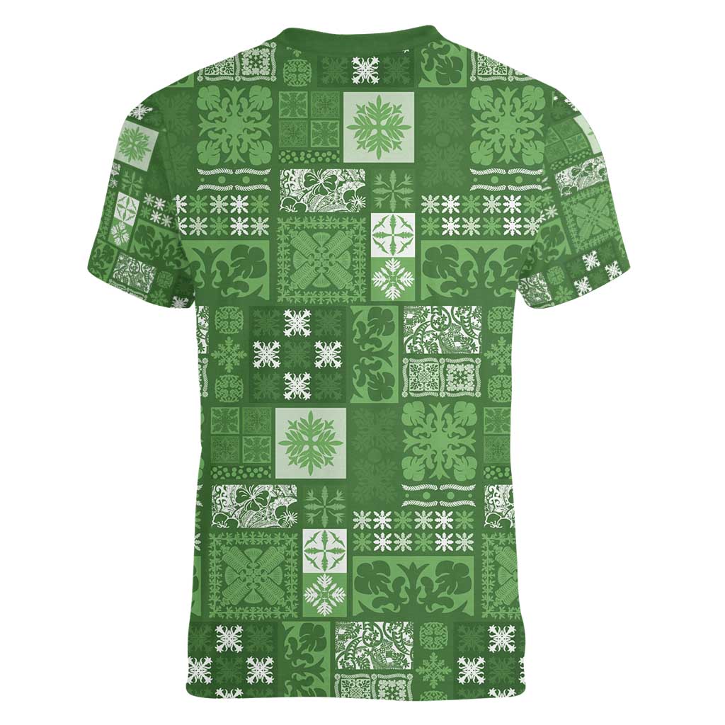 Vintage Hawaiian Quilting Patterns Women V-Neck T-Shirt Green Style Tribal Fabric Patchwork - Polynesian Pride