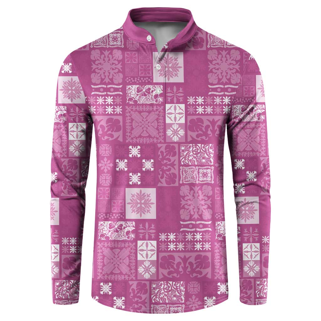 Vintage Hawaiian Quilting Patterns Button Sweatshirt Pink Style Tribal Fabric Patchwork - Polynesian Pride