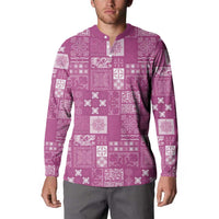 Vintage Hawaiian Quilting Patterns Button Sweatshirt Pink Style Tribal Fabric Patchwork - Polynesian Pride