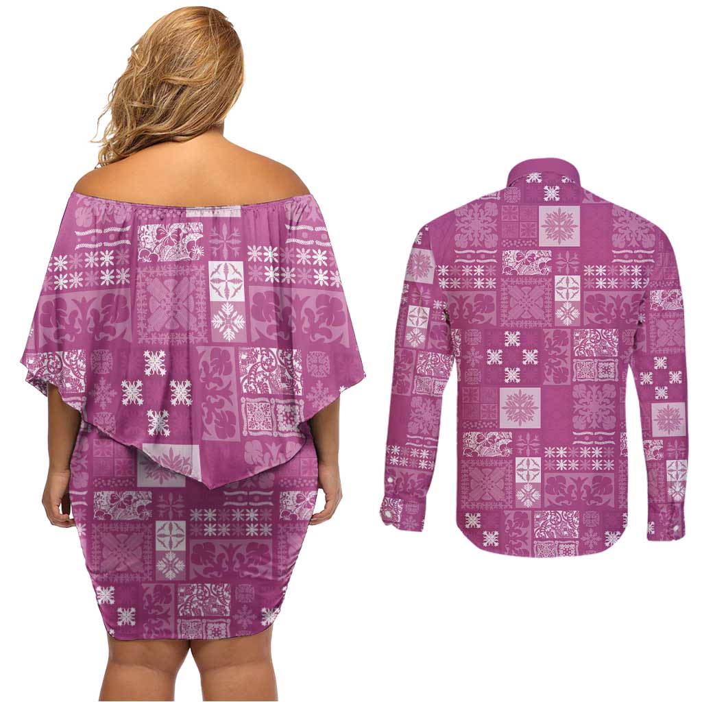 Vintage Hawaiian Quilting Patterns Couples Matching Off Shoulder Short Dress and Long Sleeve Button Shirt Pink Style Tribal Fabric Patchwork - Polynesian Pride