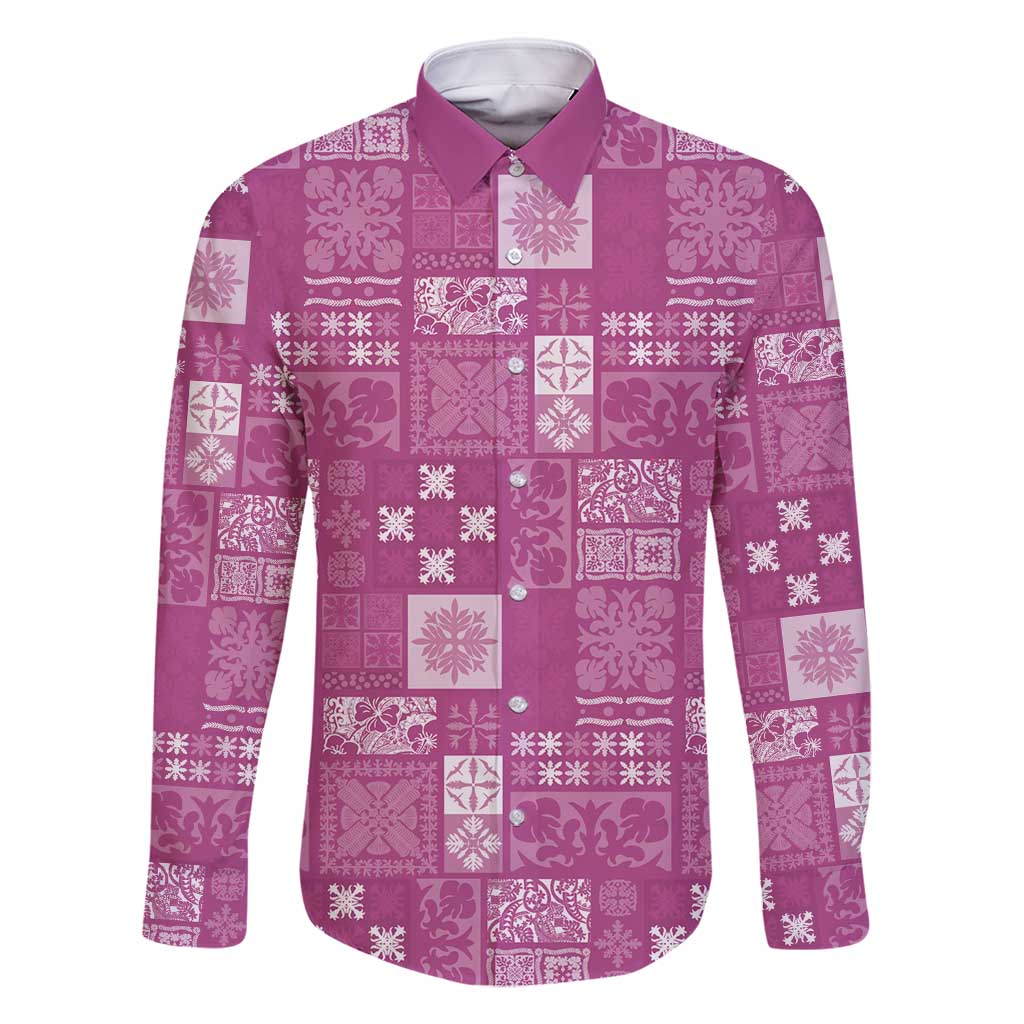 Vintage Hawaiian Quilting Patterns Family Matching Off Shoulder Short Dress and Hawaiian Shirt Pink Style Tribal Fabric Patchwork - Polynesian Pride