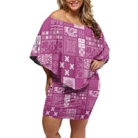 Vintage Hawaiian Quilting Patterns Family Matching Off Shoulder Short Dress and Hawaiian Shirt Pink Style Tribal Fabric Patchwork - Polynesian Pride