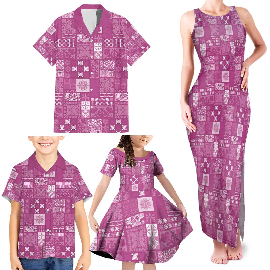 Vintage Hawaiian Quilting Patterns Family Matching Tank Maxi Dress and Hawaiian Shirt Pink Style Tribal Fabric Patchwork - Polynesian Pride