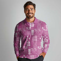 Vintage Hawaiian Quilting Patterns Long Sleeve Polo Shirt Pink Style Tribal Fabric Patchwork - Polynesian Pride