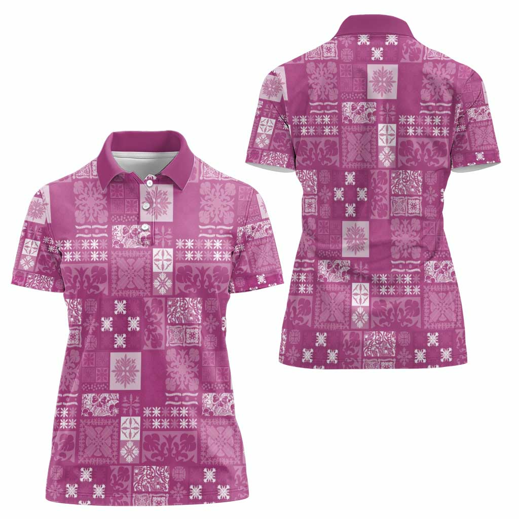 Vintage Hawaiian Quilting Patterns Women Polo Shirt Pink Style Tribal Fabric Patchwork - Polynesian Pride