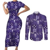 Vintage Hawaiian Quilting Patterns Couples Matching Short Sleeve Bodycon Dress and Long Sleeve Button Shirt Purple Style Tribal Fabric Patchwork - Polynesian Pride