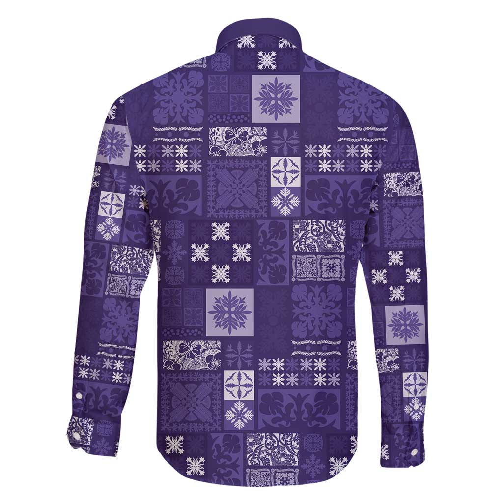 Vintage Hawaiian Quilting Patterns Family Matching Long Sleeve Bodycon Dress and Hawaiian Shirt Purple Style Tribal Fabric Patchwork - Polynesian Pride