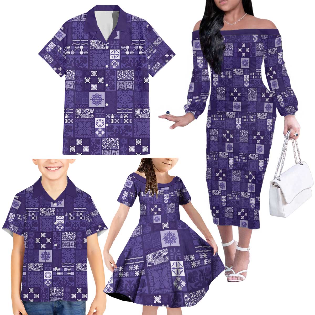 Vintage Hawaiian Quilting Patterns Family Matching Off The Shoulder Long Sleeve Dress and Hawaiian Shirt Purple Style Tribal Fabric Patchwork - Polynesian Pride