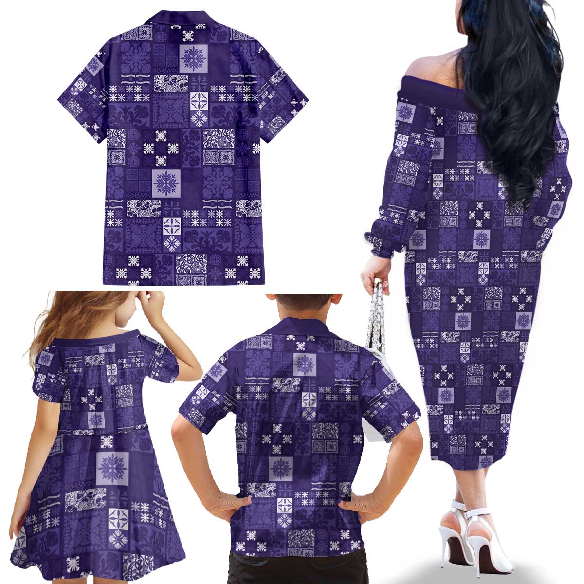 Vintage Hawaiian Quilting Patterns Family Matching Off The Shoulder Long Sleeve Dress and Hawaiian Shirt Purple Style Tribal Fabric Patchwork - Polynesian Pride