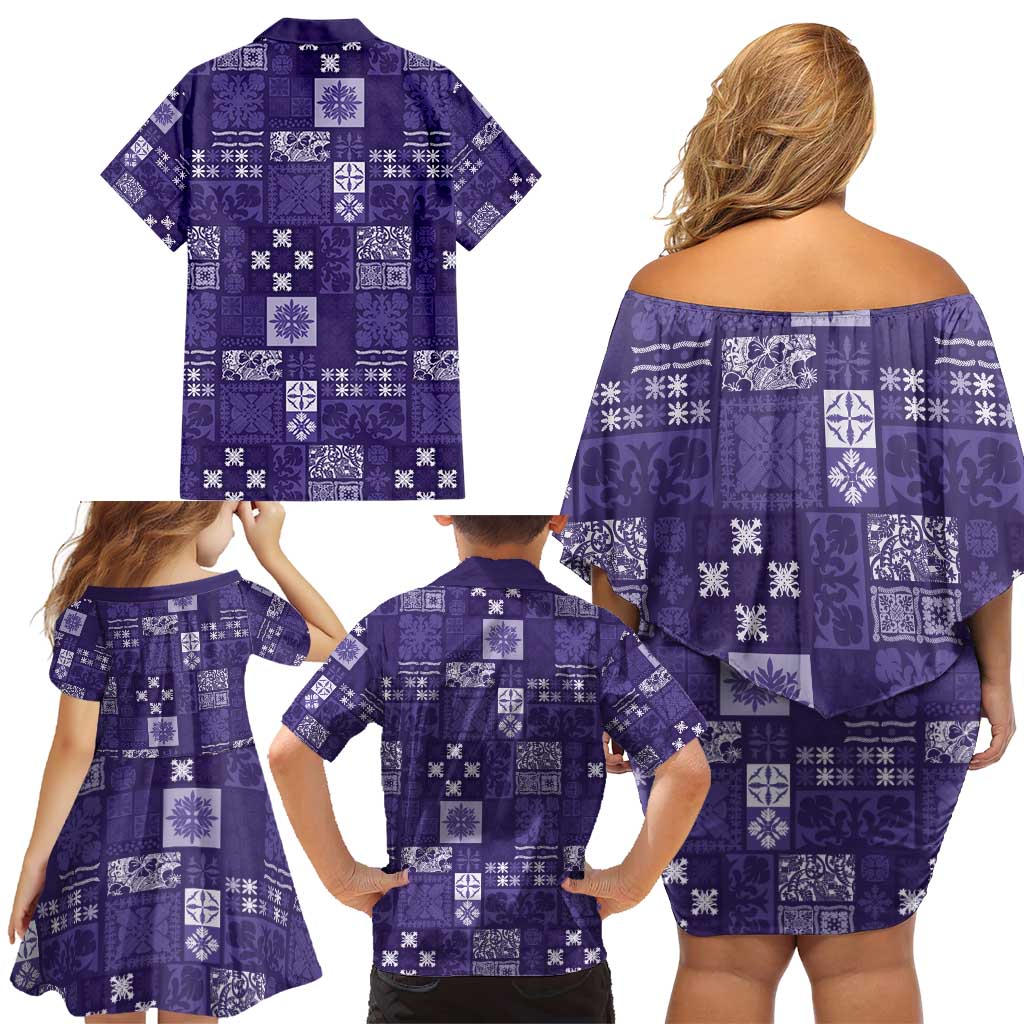 Vintage Hawaiian Quilting Patterns Family Matching Off Shoulder Short Dress and Hawaiian Shirt Purple Style Tribal Fabric Patchwork - Polynesian Pride